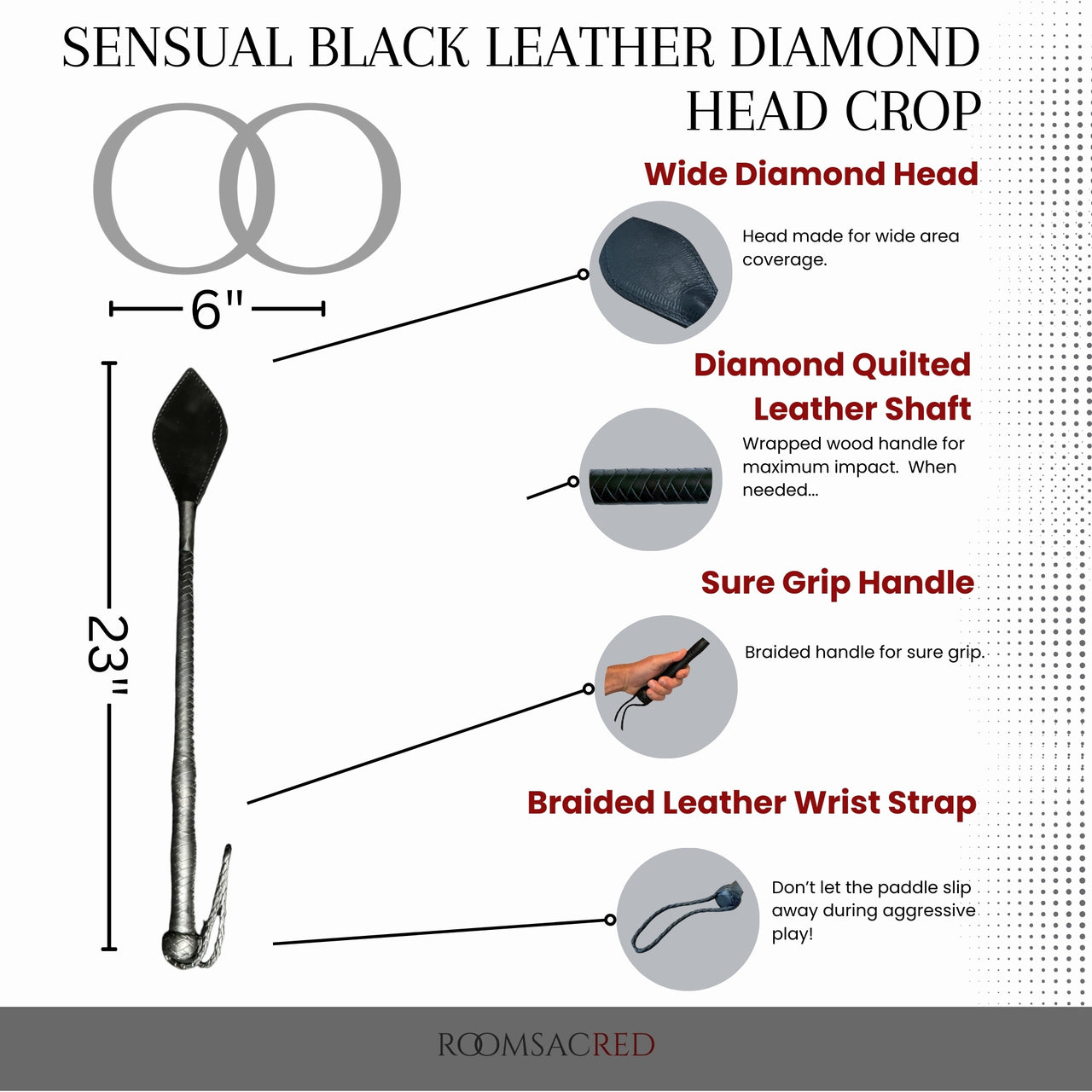 Sensual Black Leather Diamond Head Crop Braided Handle Whip for Easy Grip Braided Wrist Strap Bends for an Elegant Sting 23 Inches