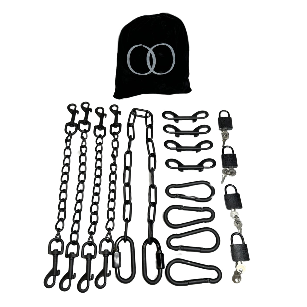 Luxury BDSM Bondage Gear Hardware Kit Set Of Exclusive Roomsacred Restraint Accessories in Silver, Gold, or Black with Double O Velvet Pouch