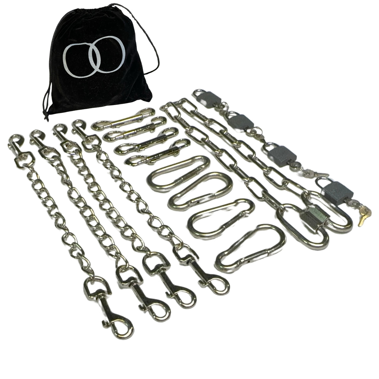 Luxury BDSM Bondage Gear Hardware Kit Set Of Exclusive Roomsacred Restraint Accessories in Silver, Gold, or Black with Double O Velvet Pouch