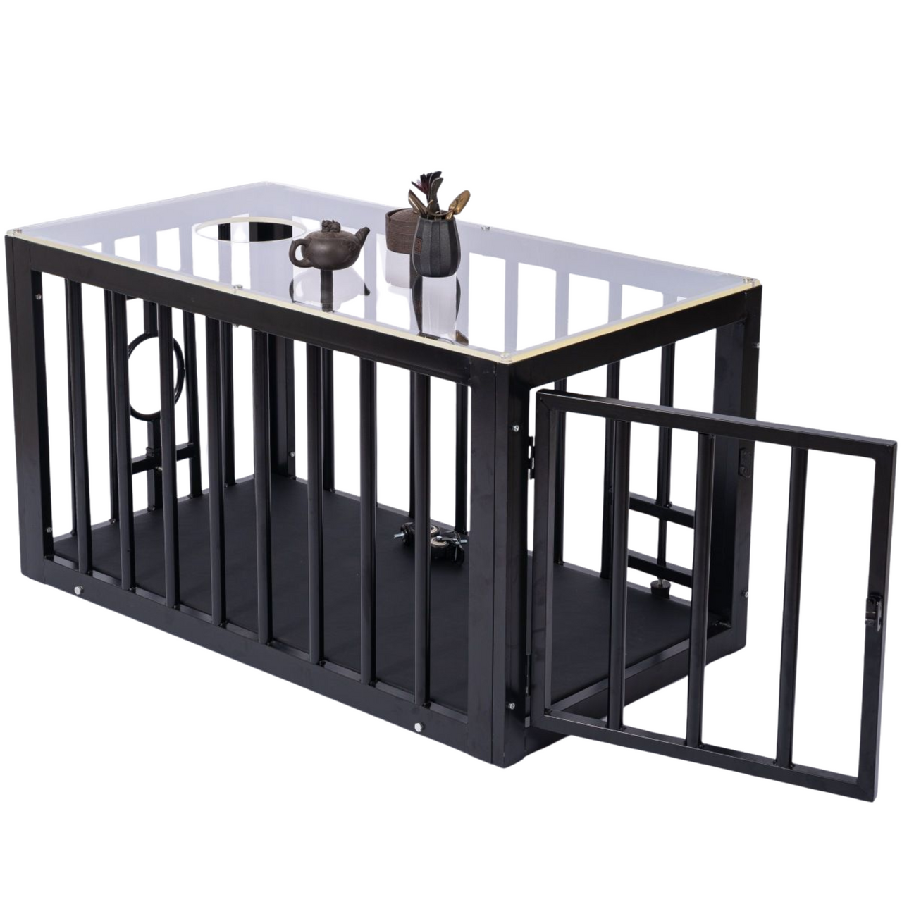 Roomsacred Black Steel Coffee Table BDSM Cage with Black Padded Floor & Clear Acrylic Top