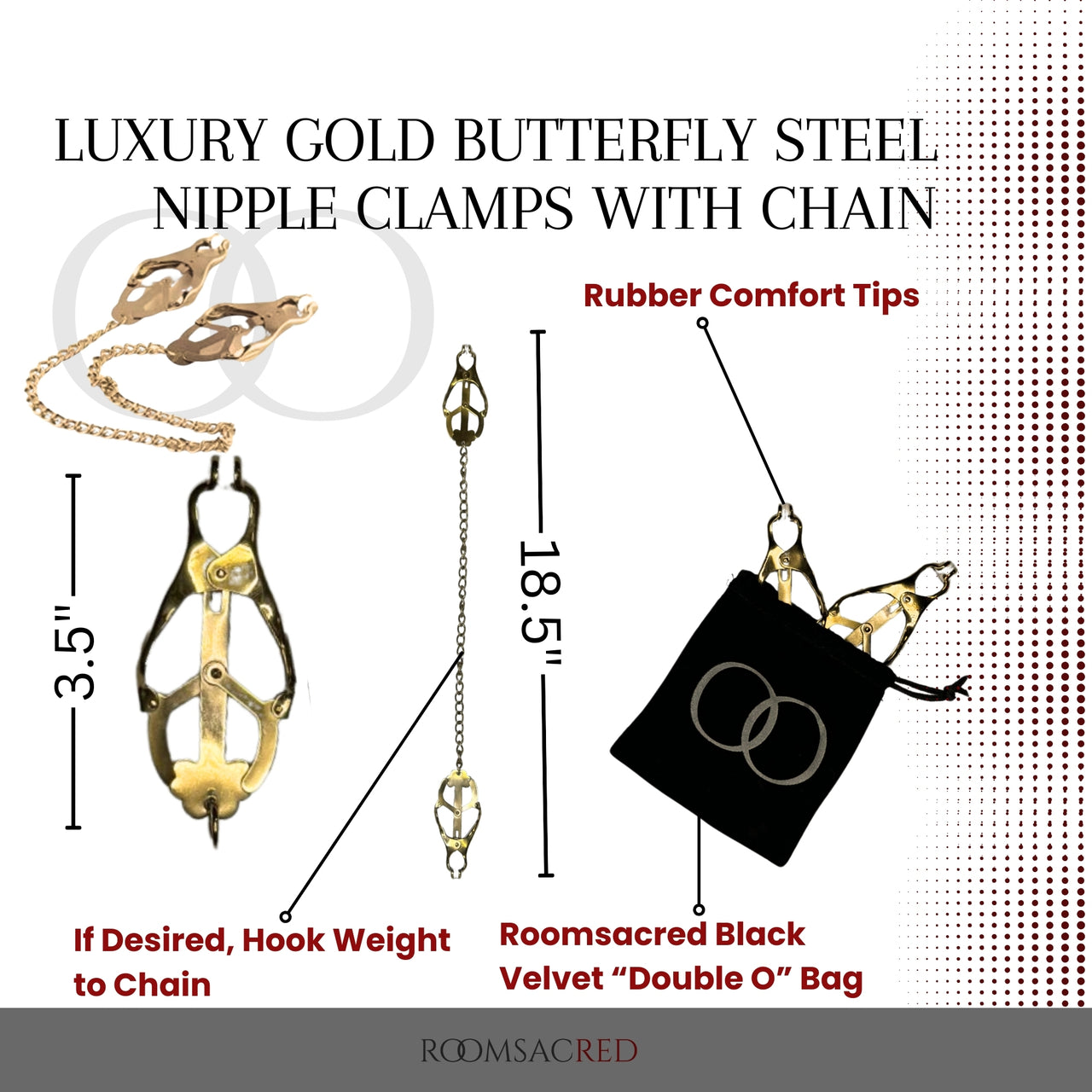 Luxury Gold Butterfly-Shaped Nipple Clamps with Chain Soft Rubber Tips Sensory Play Weight Add-On