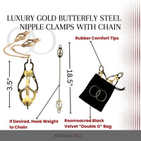 Thumbnail for Luxury Gold Butterfly-Shaped Nipple Clamps with Chain Soft Rubber Tips Sensory Play Weight Add-On