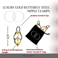 Thumbnail for Gold Butterfly Nipple Clamps with Rubber Tips Weight-Adding Capability Luxurious Sensory Play Accessory