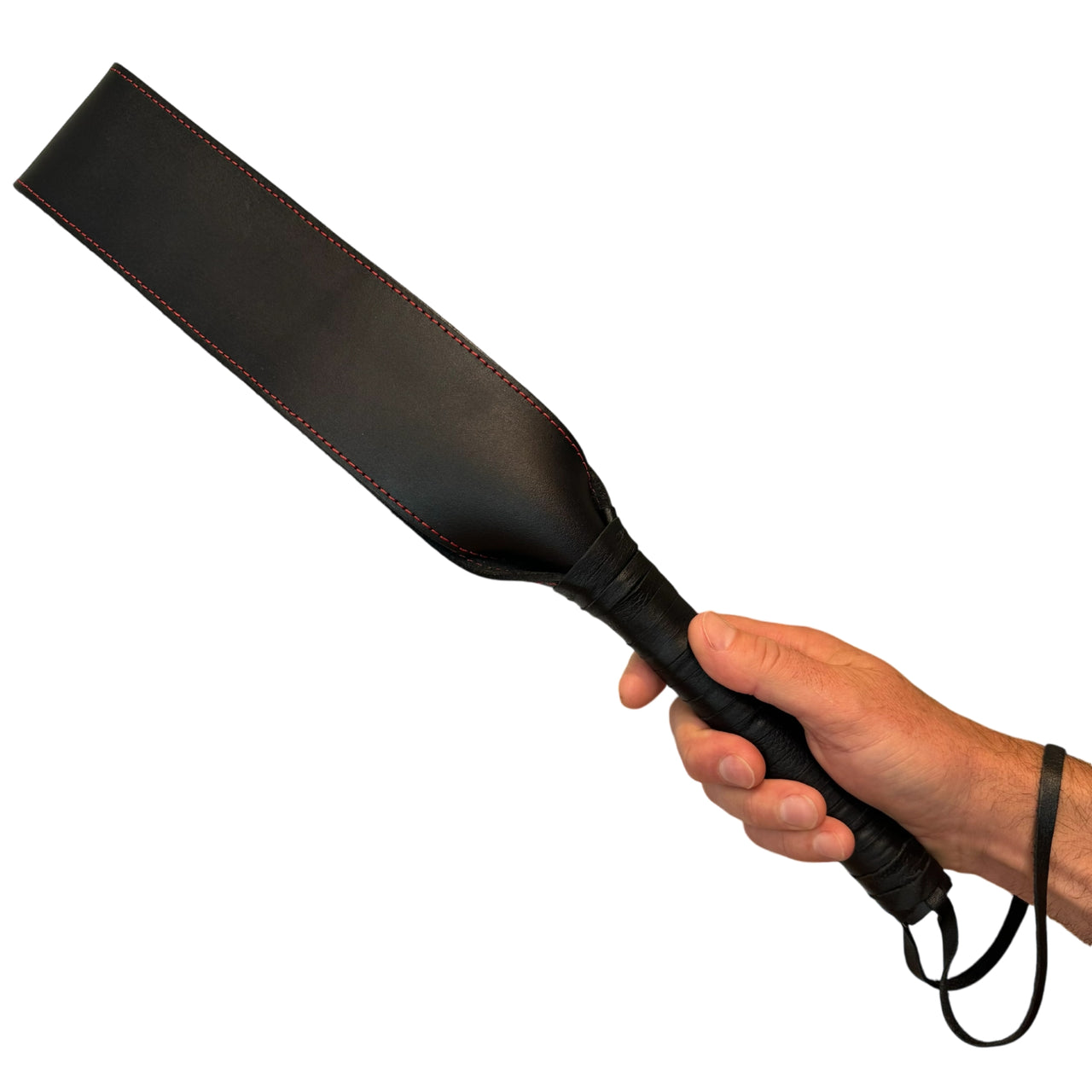 Heavy-Duty Looped Leather Slapper with Red Stitching 18" Black Leather Impact Paddle with Secure Grip Handle and Suede Wrist Strap