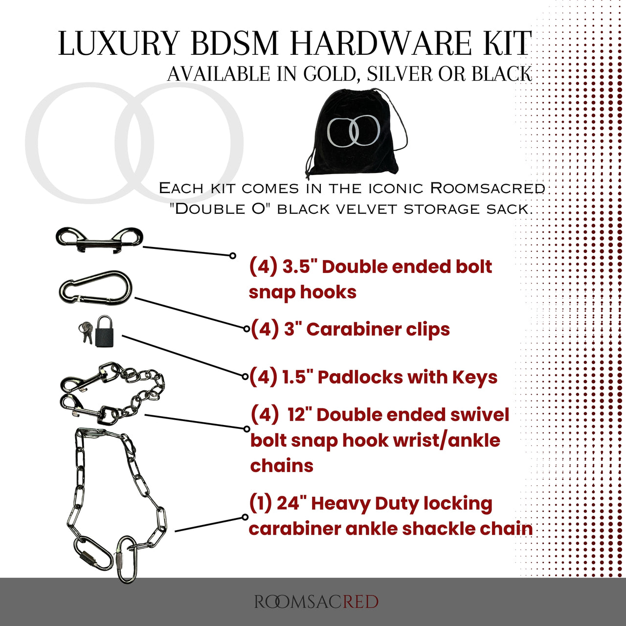 Luxury BDSM Bondage Gear Hardware Kit Set Of Exclusive Roomsacred Restraint Accessories in Silver, Gold, or Black with Double O Velvet Pouch