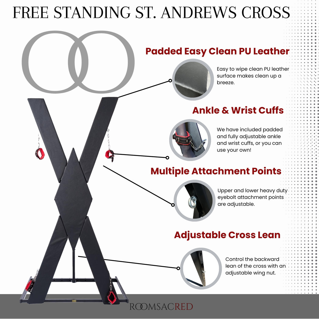 Roomsacred St. Andrews Cross Padded Free Standing Ankle and Wrist Restraints Device Adult Furniture Sex Room Decor