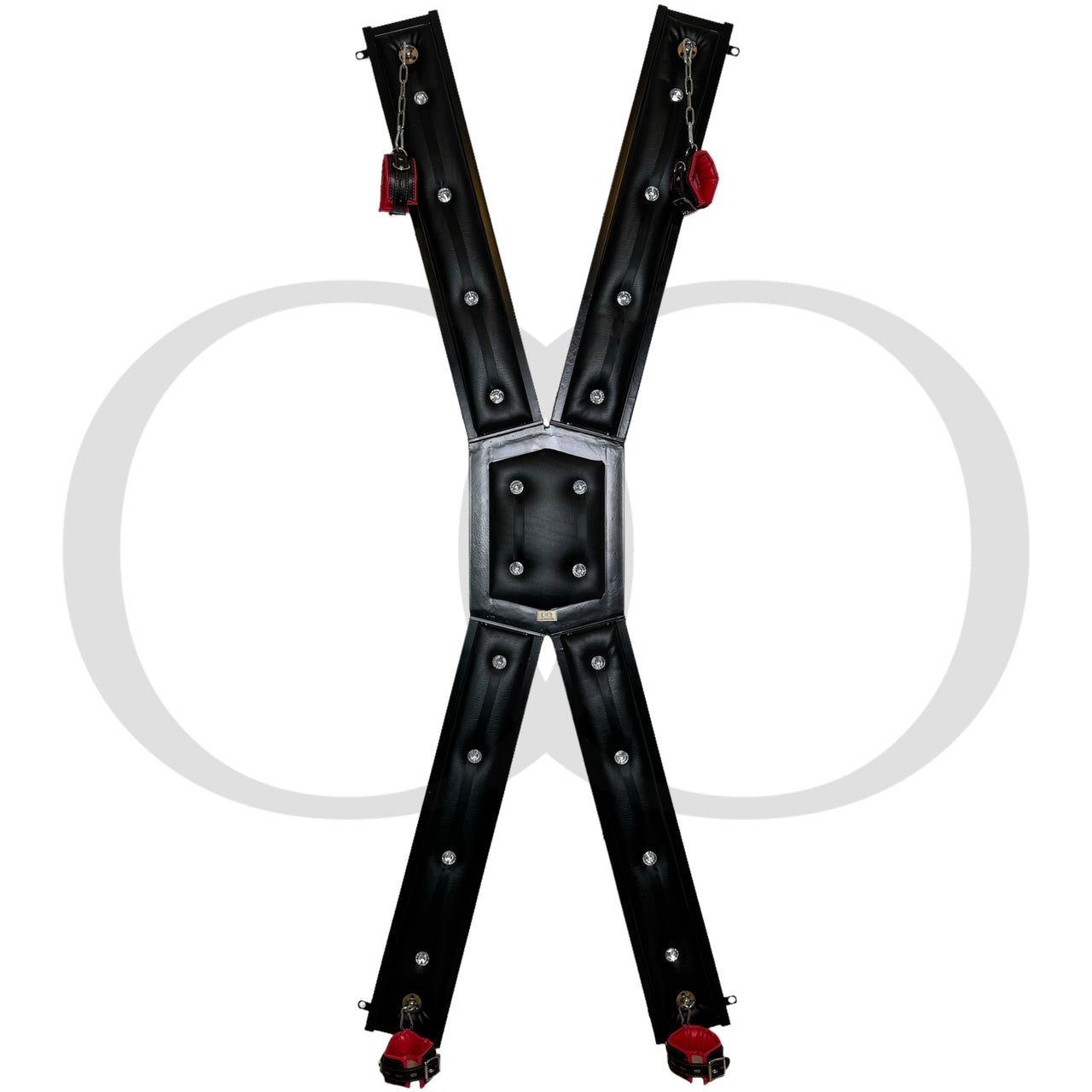 Elegant Jewel Accent St Andrews Cross Wall Mount Black PU Leather Bondage Accessory With Wrist and Ankle Cuffs