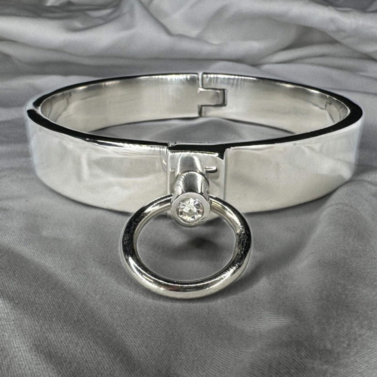 Ultra-Luxury Stainless Steel Collar with Gemstone O-Ring – Premium BDSM Twist-Lock Choker Velvet-Smooth 2 Sizes for Custom Restraint