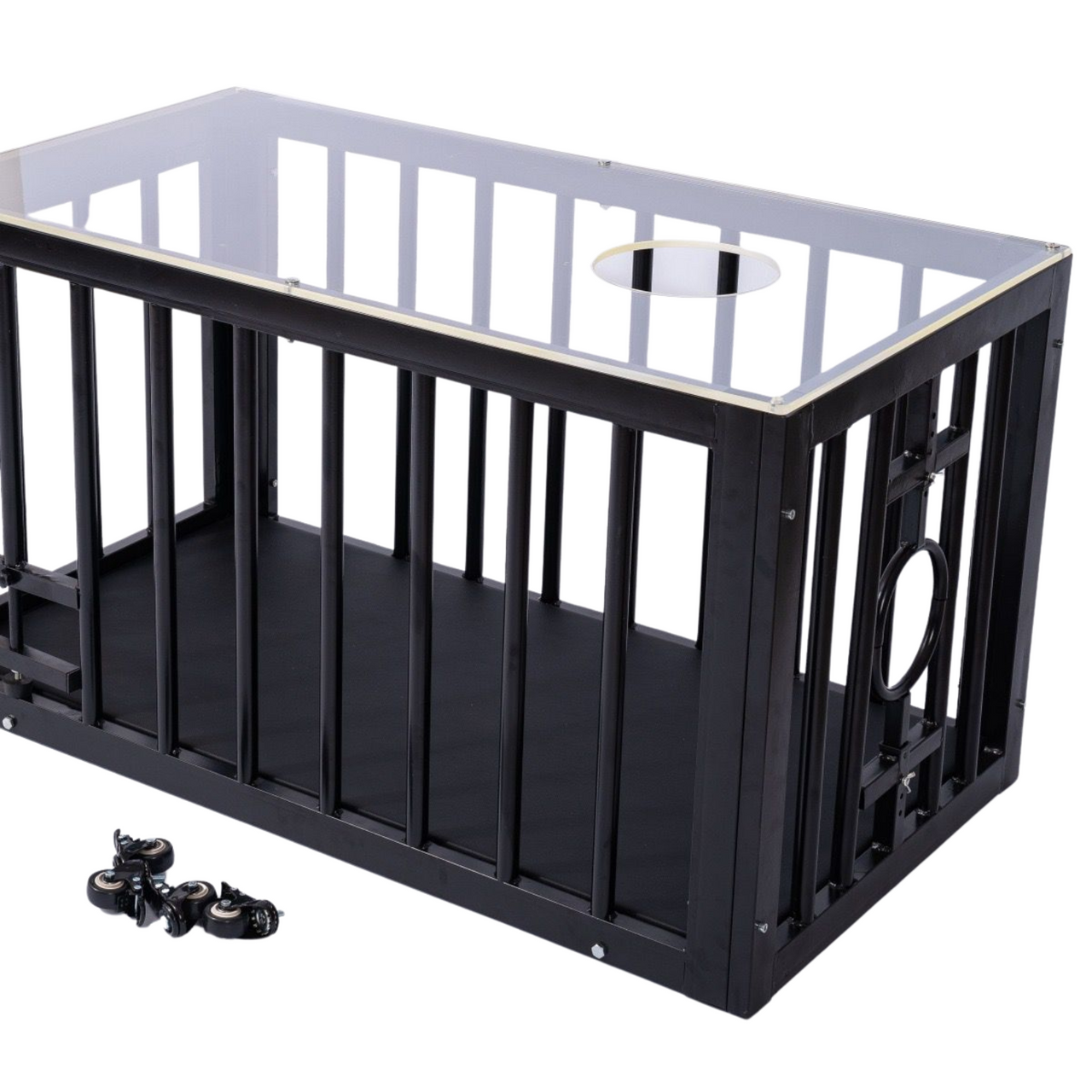 Roomsacred Black Steel Coffee Table BDSM Cage with Black Padded Floor & Clear Acrylic Top