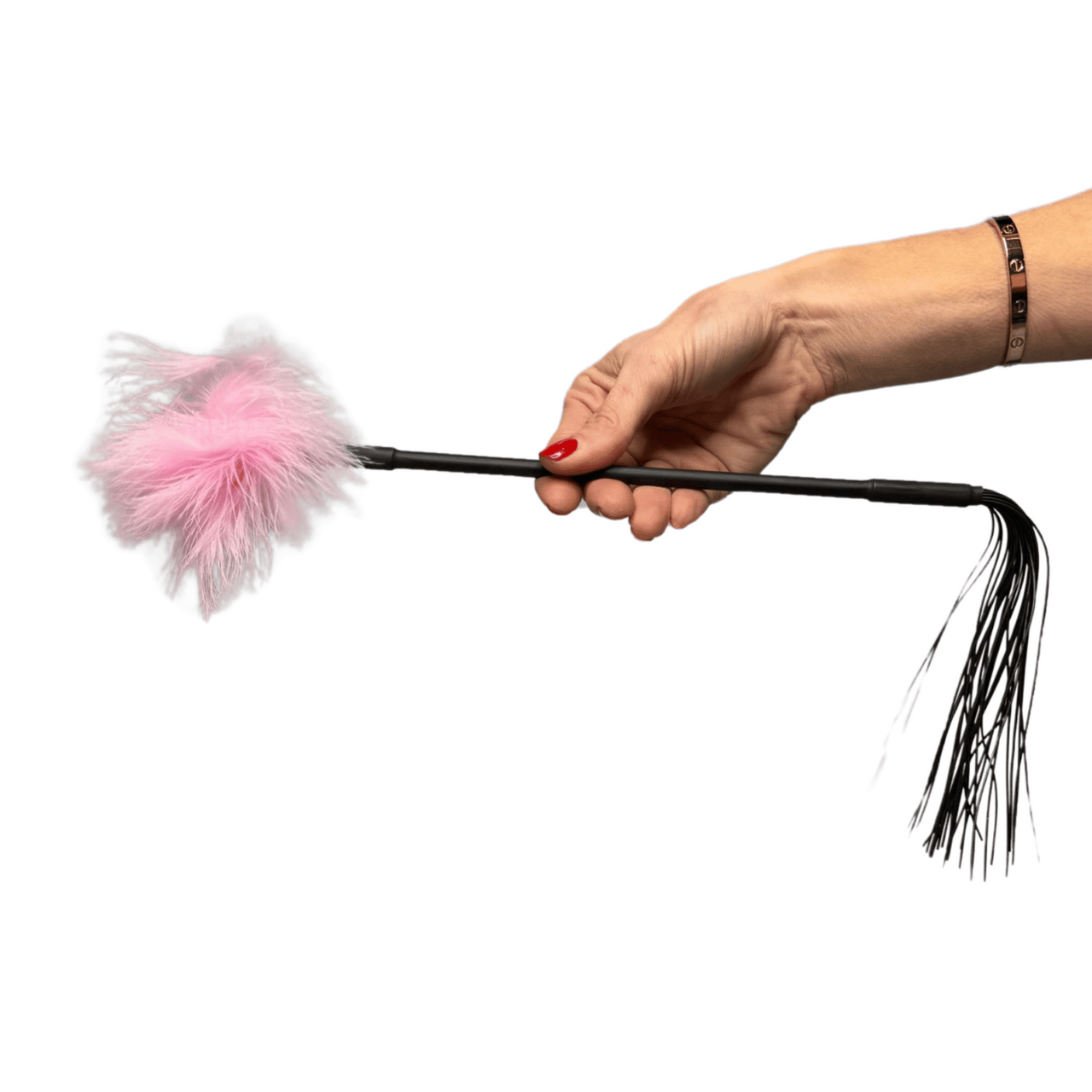 Enchanting Dual Sensation Play Wand Pink Feathers & Black Rubber Tassels for Sensory Pleasures