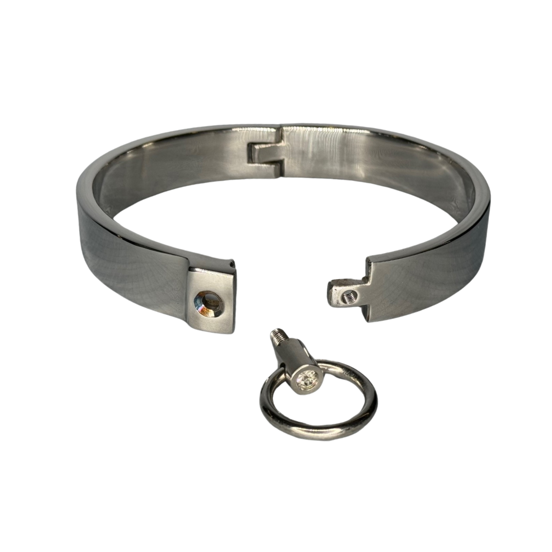 Ultra-Luxury Stainless Steel Collar with Gemstone O-Ring – Premium BDSM Twist-Lock Choker Velvet-Smooth 2 Sizes for Custom Restraint