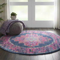 Thumbnail for 4' Round Blue And Pink Medallion Area Rug